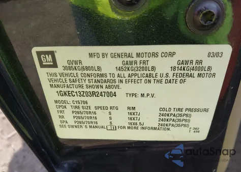 2003 GMC Yukon Slt z USA, uszkodzony, nr VIN 1GKEC13Z03R247004